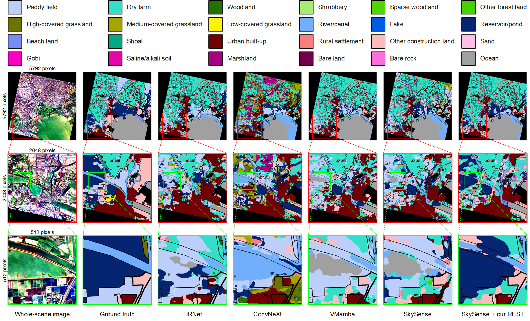 Visualization of segmentation results on WHU-OHS dataset.